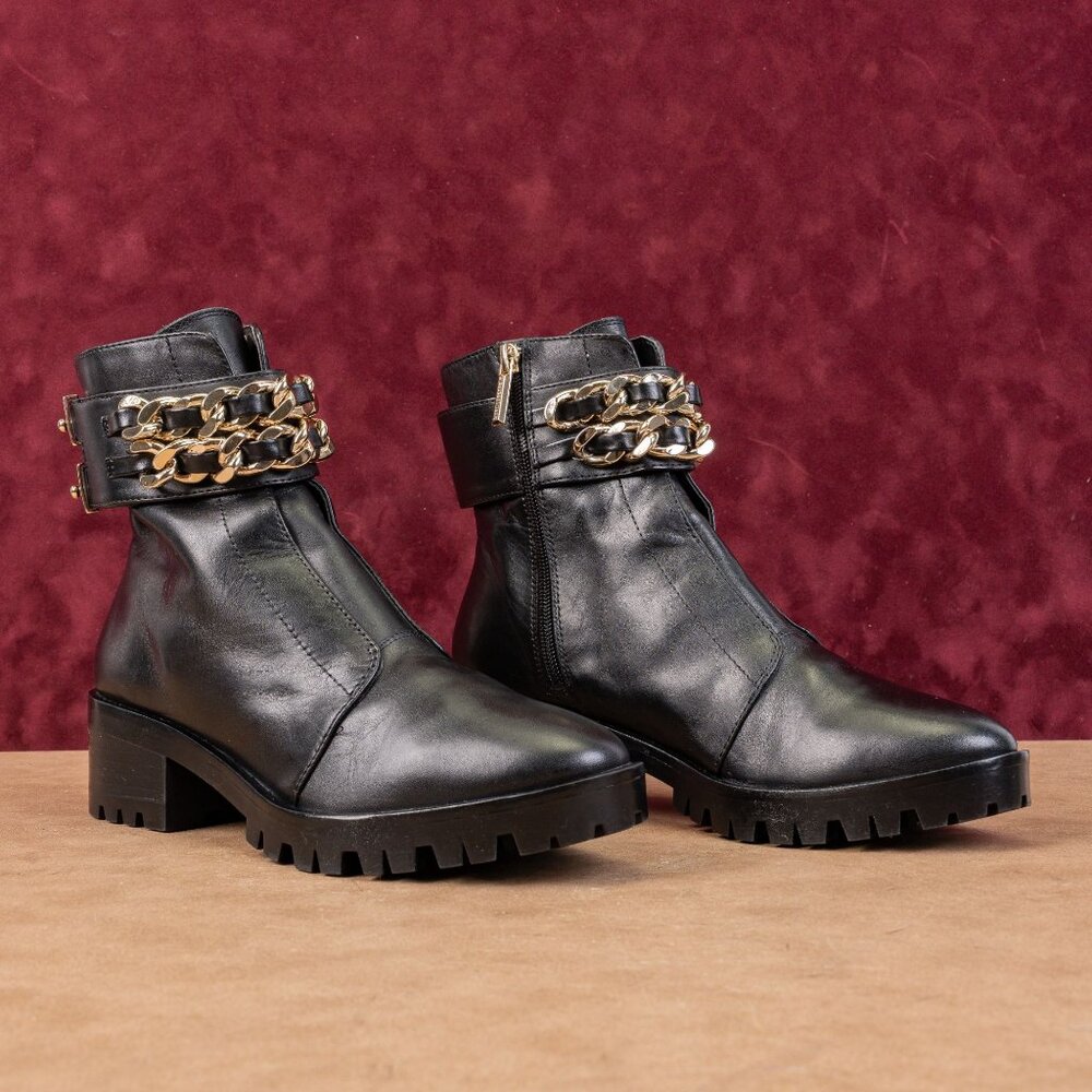 Karl Lagerfeld Paris Women Palmer Black Leather Double Buckle Ankle Boots sz 8